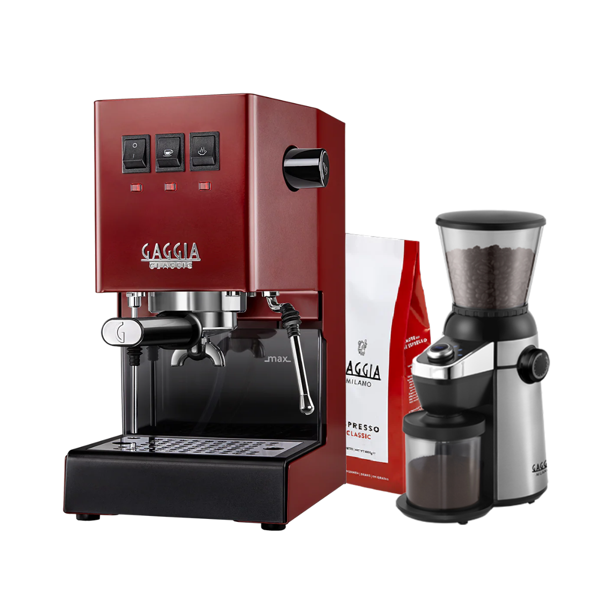 Gaggia Classic E24 Pakke Rød - Inkluderer MD15 kvern og 1 kg Classic kaffe