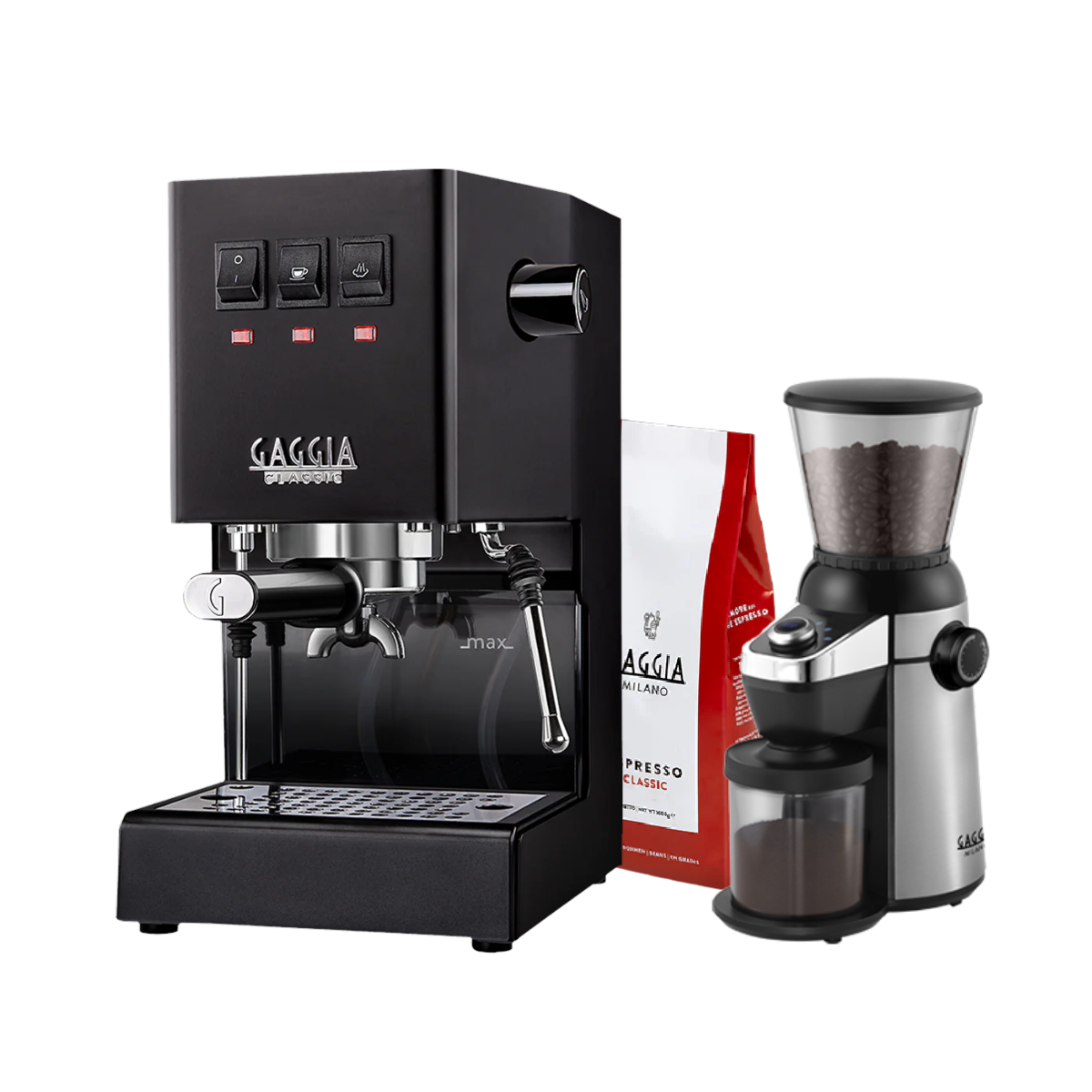Gaggia Classic E24 Pakke Sort - Inkluderer MD15 kvern og 1 kg Classic kaffe