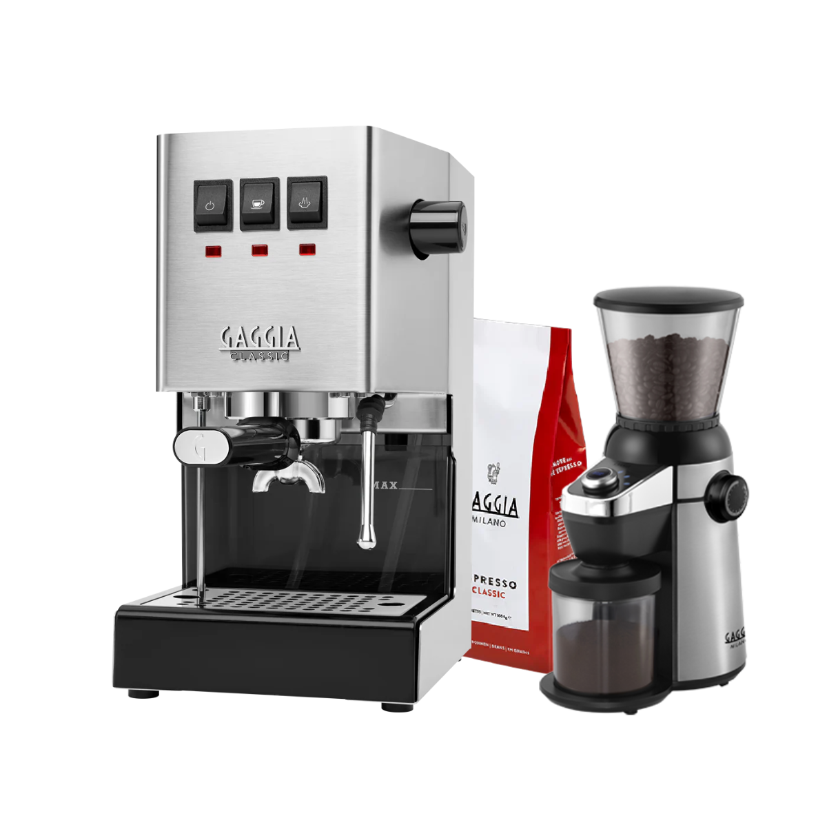 Gaggia Classic E24 Pakke Stål - Inkluderer MD15 kvern og 1 kg Classic kaffe